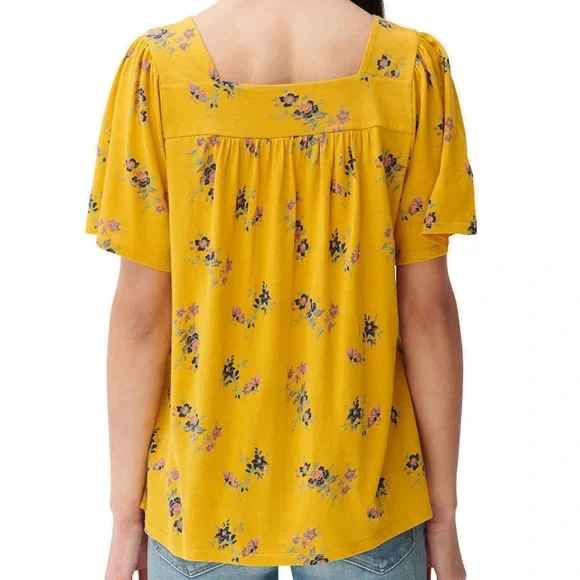 Lucky Brand Women’s Square Neck Yellow Floral Short Sleeve Top - Picture 2 of 12